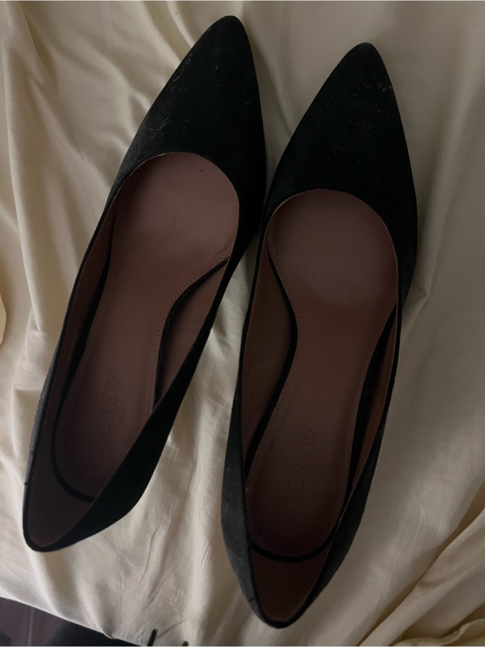 J. Crew Black Pointed-Toe Suede Flats with Neutral Insole